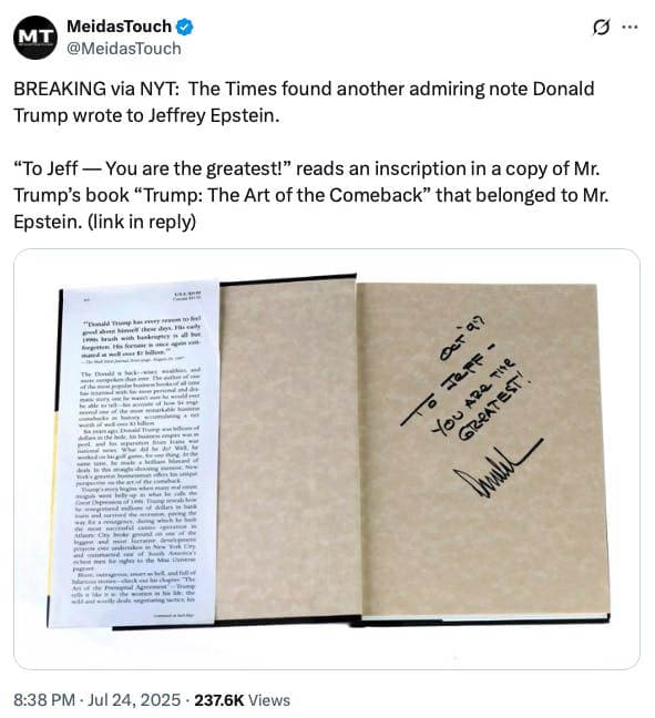 The Epstein birthday book's typewritten letter reads 'may every day be another wonderful secret' — signed 'Donald' — documented evidence