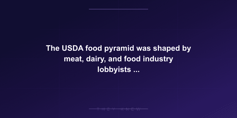The USDA food pyramid was shaped by meat, dairy, and food industry lobbyists — who changed 'eat less meat' to 'have two or three servings' — documented evidence