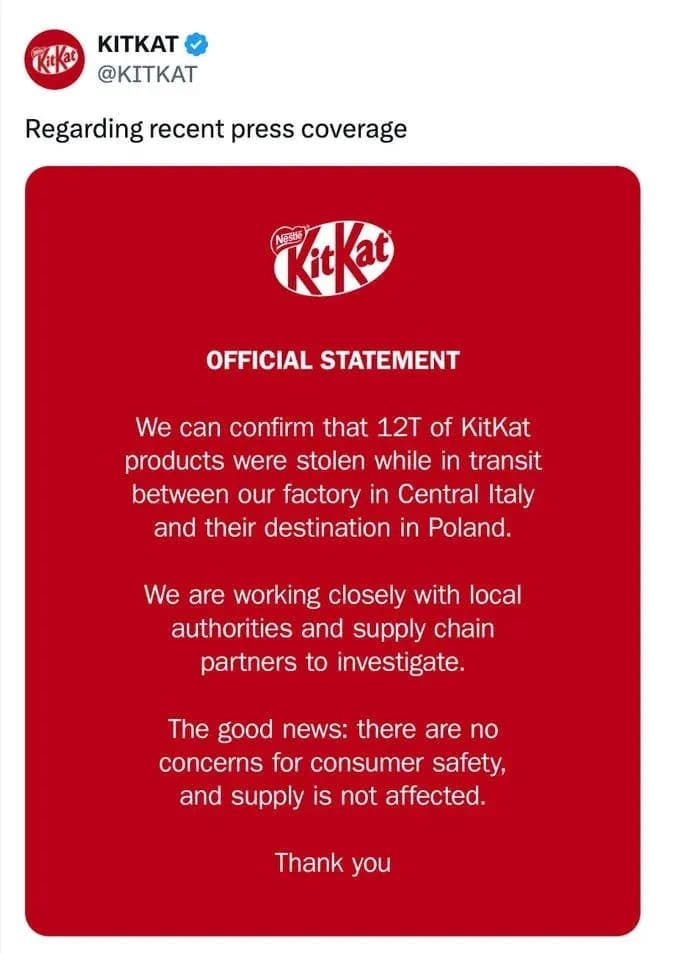 Someone stole 12 tonnes of KitKat bars — and nobody knows who or why — documented evidence
