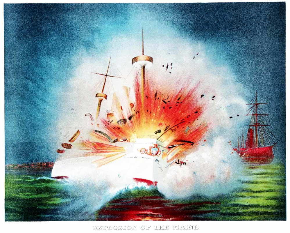 The USS Maine explosion blamed on Spain was likely an internal accident, but was exploited by yellow journalism to start the Spanish-American War — documented evidence