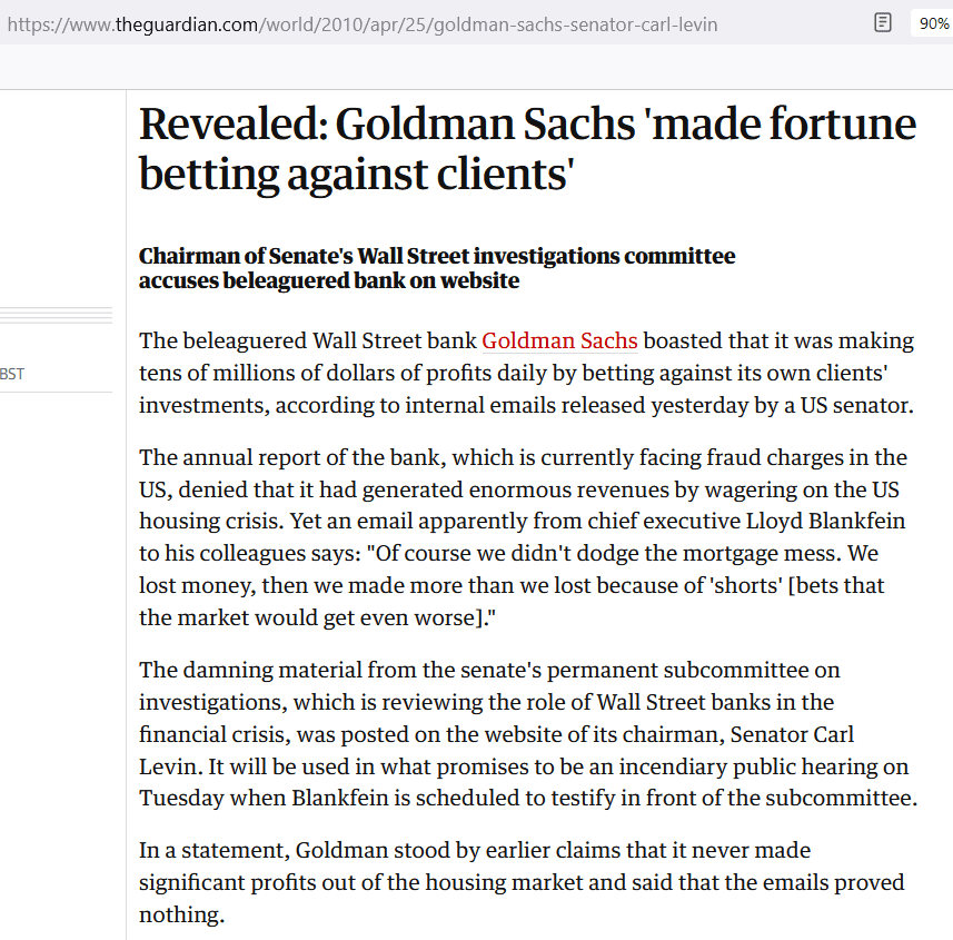 Goldman Sachs Bet Against the Same Mortgage Securities They Sold to Clients — documented evidence