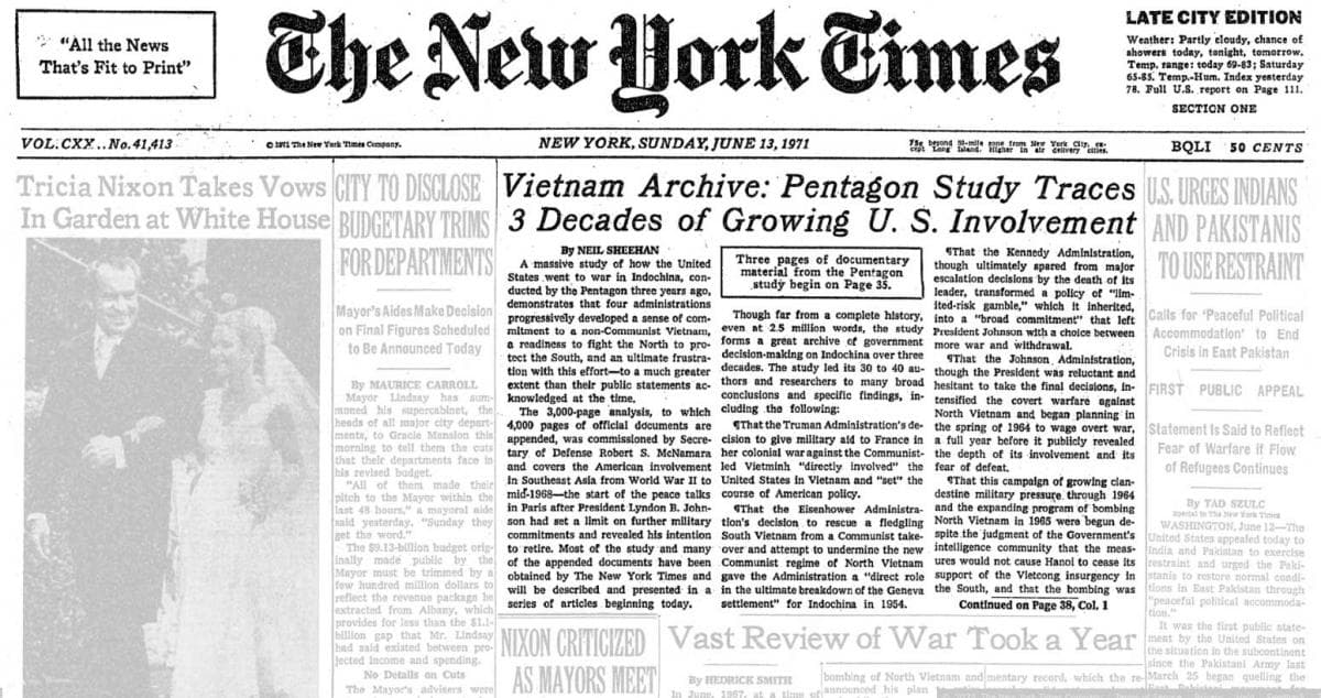 Pentagon Papers revealed systematic government deception about Vietnam War progress — documented evidence